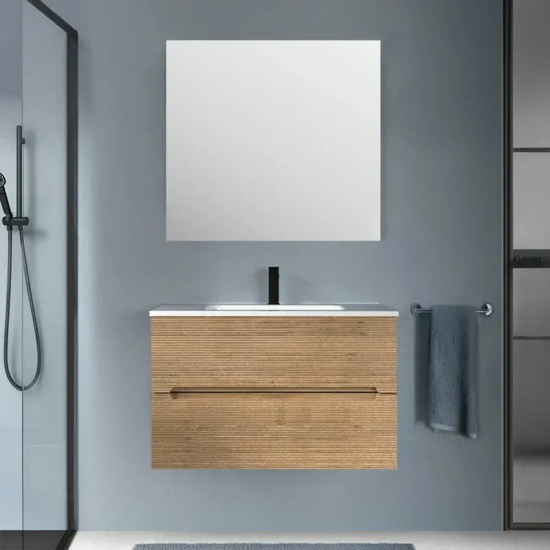 Mobile bagno sospeso 80 rovere cannettato 2 cassetti lavabo e specchio Rigo