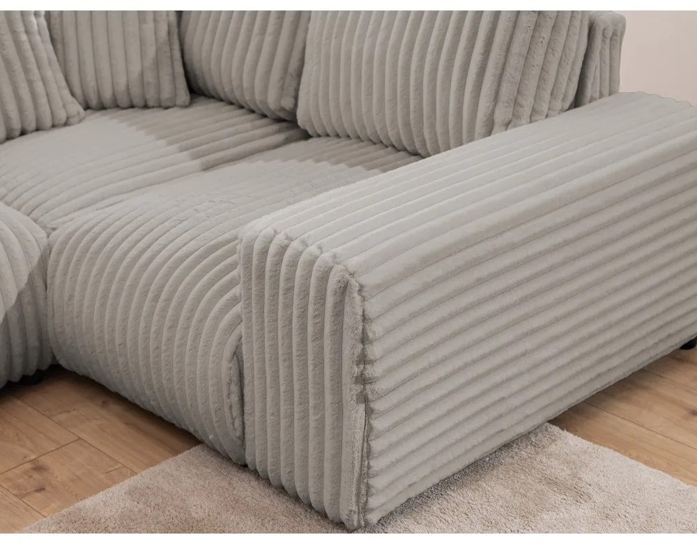 Divano angolare grigio chiaro (con penisola a destra/a U) rivestito in velluto a coste Justin – Ropez