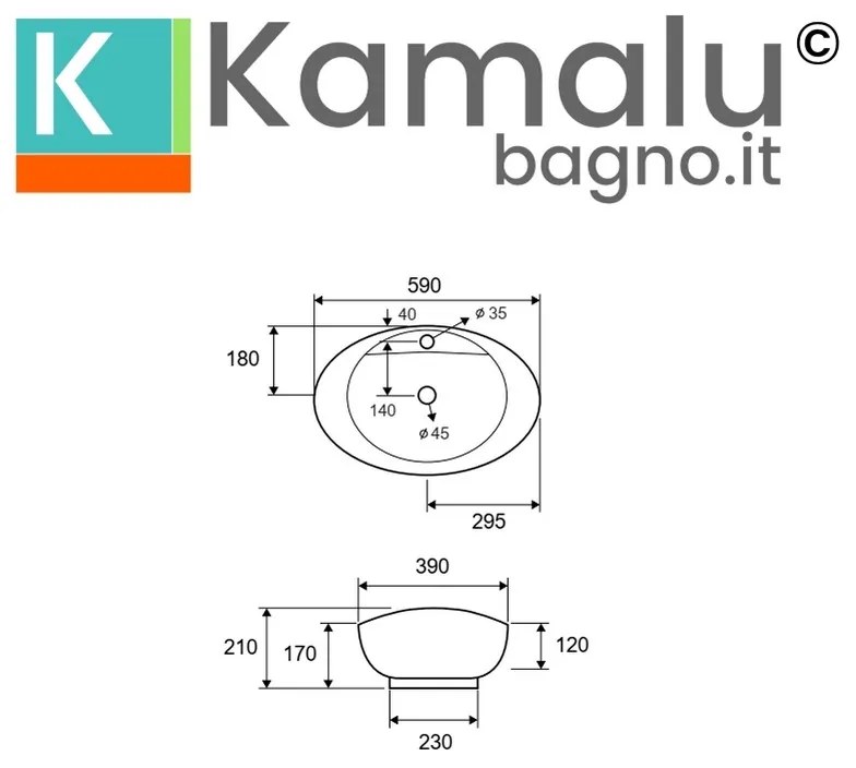 Kamalu - lavabo da appoggio ovale design a bacinella in ceramica bianca | litos-359