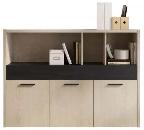 Contromobile da studio 148.8x106.9 con ripiani, ante e cassetti Rovere Elegancia e Nero chalet - DaVinci