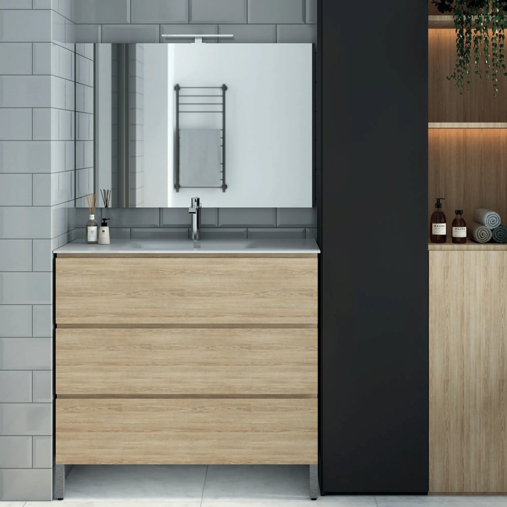 Mobile Bagno a Terra 80 Cm Tre Cassetti Specchio Con Lampada Led 80x70 Cm Esseci Arredo Bagno "Alexa 80 Gola"