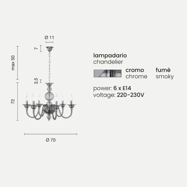 Lampada a sospensione TEBE a 6 luci in vetro lavorato a mano D70 cm FUME'