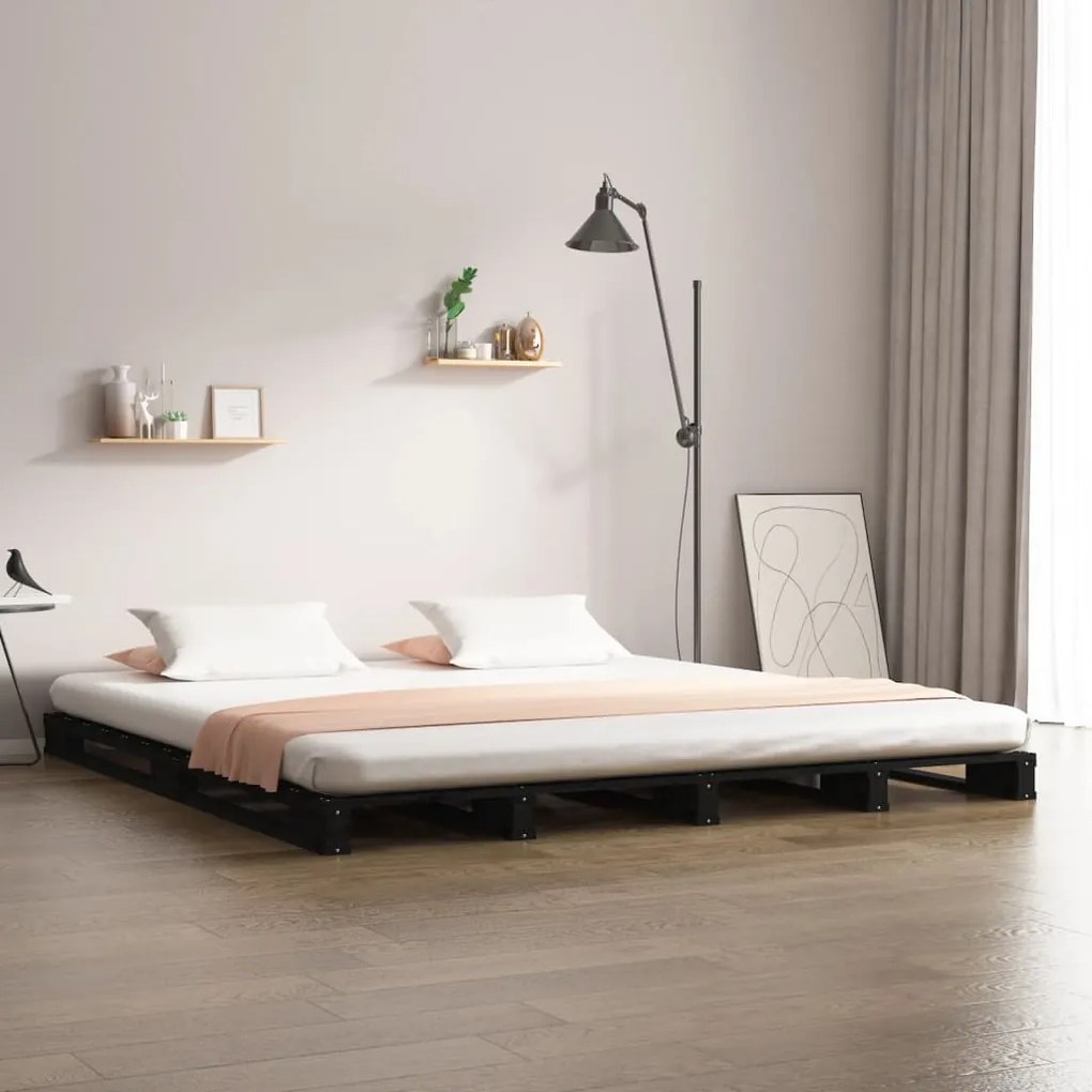 Letto a pallet nero 135x190 cm massello di pino 4ft6 double