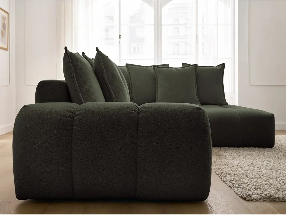 Divano angolare verde allungabile e con contenitore (penisola a destra/a L) con rivestimento in ciniglia Everest – Bobochic Paris