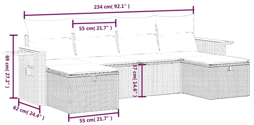 Set divano da giardino 6 pz con cuscini nero in polyrattan