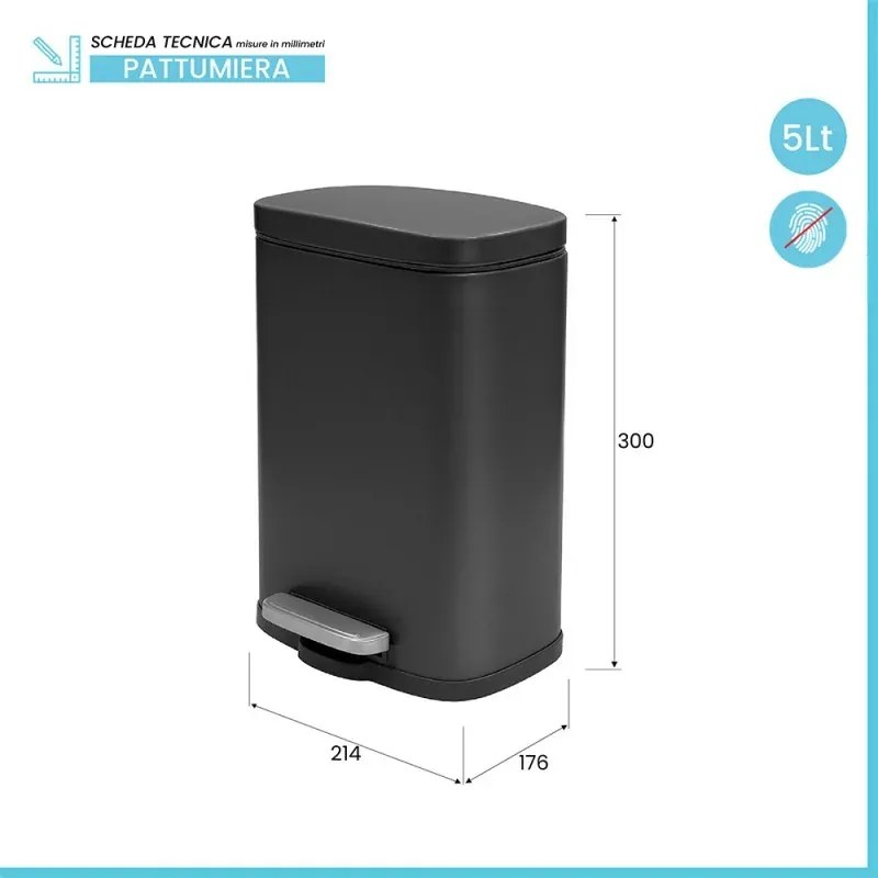 Set pattumiera 5lt a pedale e portascopino in acciaio nero opaco Axin
