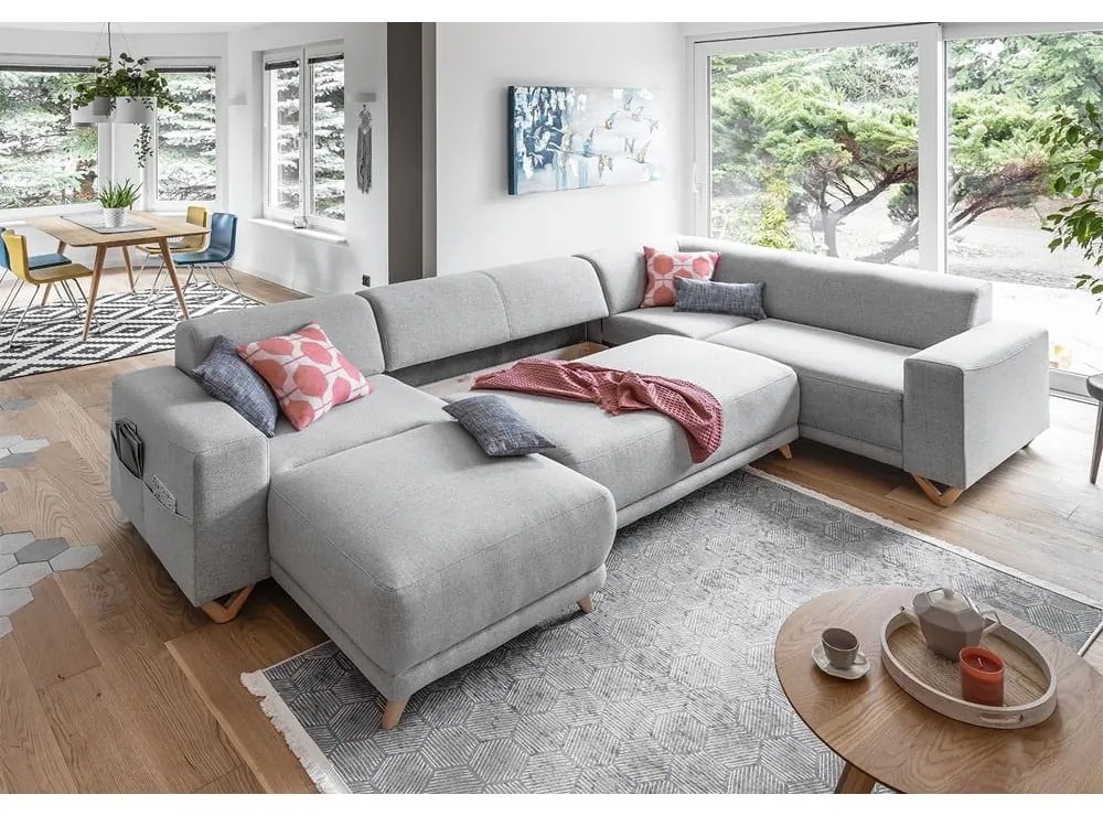 Divano angolare grigio chiaro allungabile e con contenitore (penisola a destra/a U) Classy Sophie – Miuform