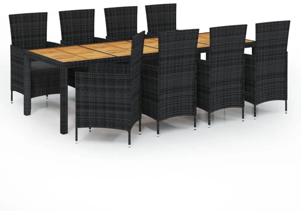 Set da Pranzo da Giardino 9 pz con Cuscini in Polyrattan Nero