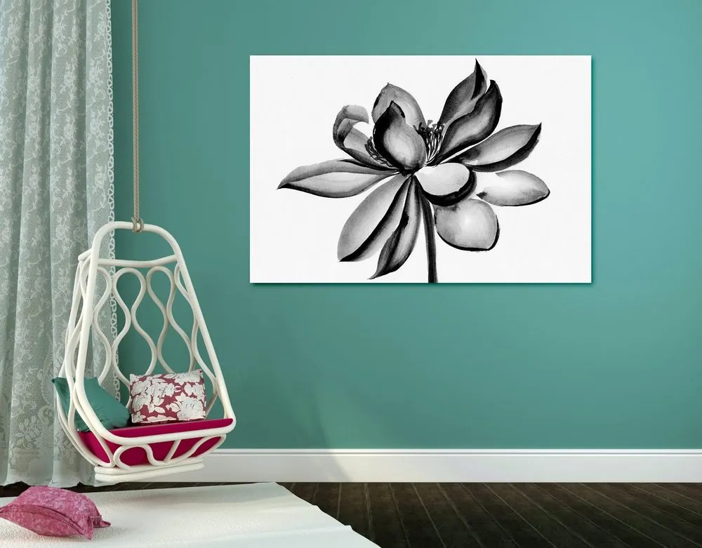 Quadro su tela – Fiore di loto acquerellato in bianco e nero