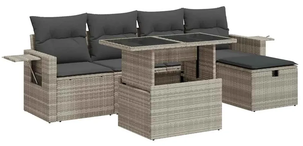 Set divano da giardino 6pz con cuscini grigio chiaro polyrattan