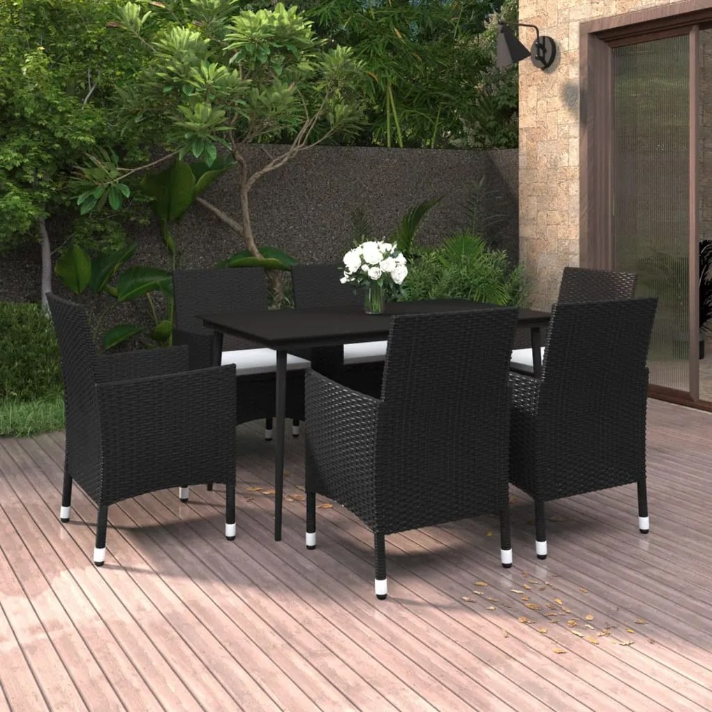 Set da pranzo per giardino 7 pz con cuscini polyrattan e vetro