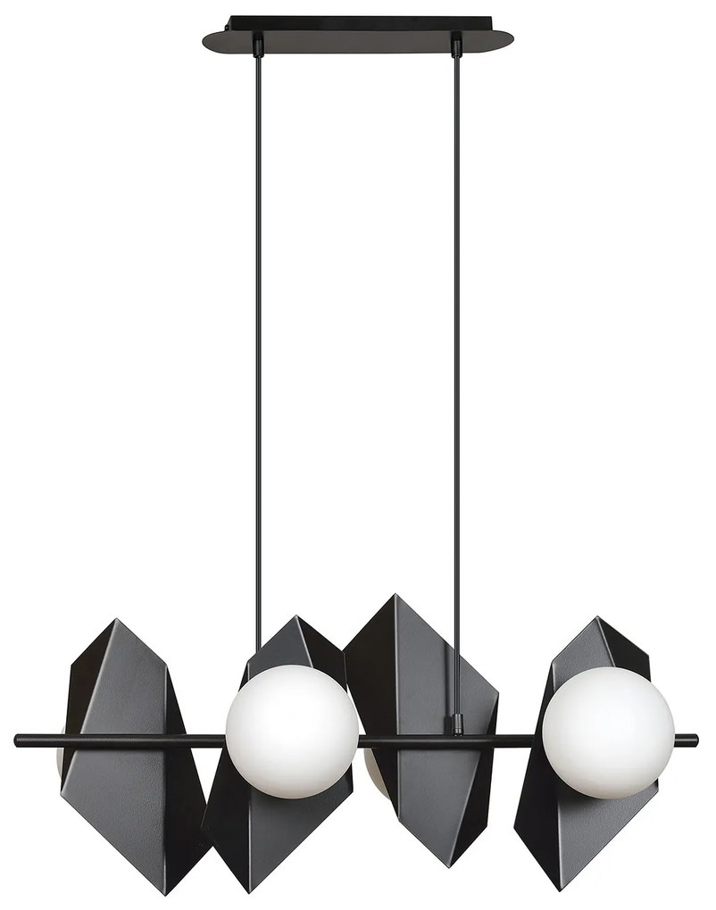 Lampadario 4 Luci Moderno Parvati In Acciaio Nero E Sfere Vetro Opalino