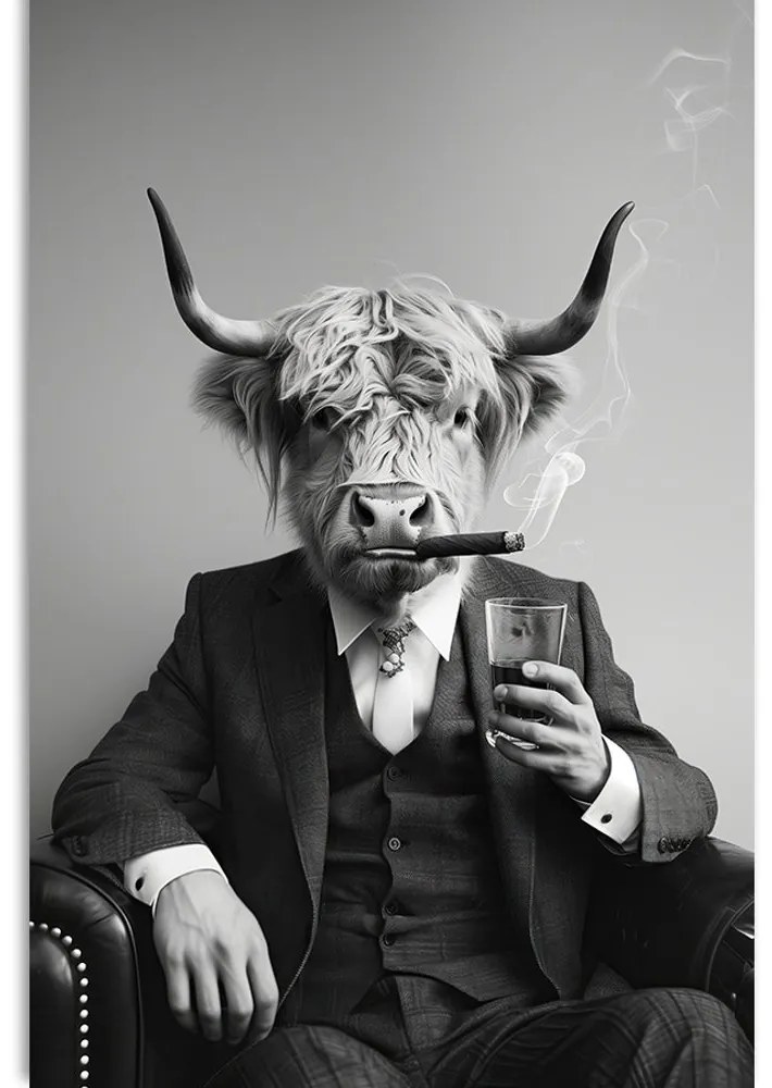 Quadro su tela – Mucca in abito con sigaro e whisky