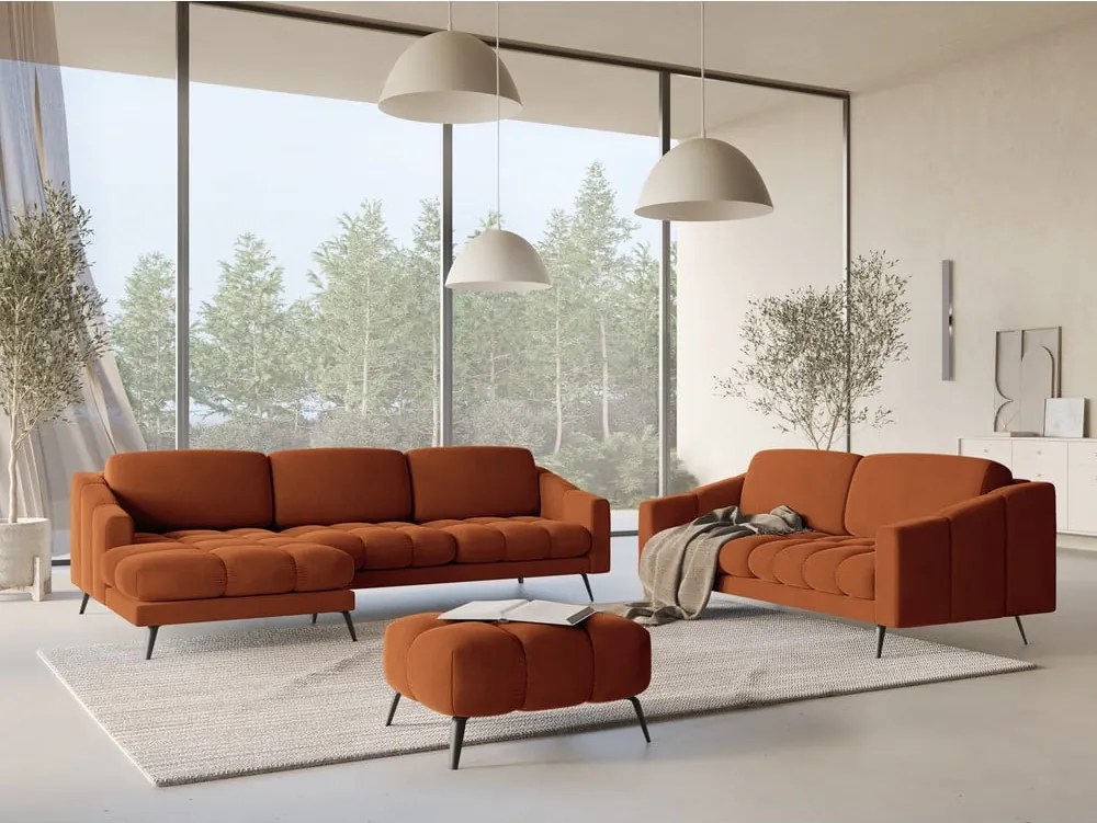 Divano angolare arancione (con penisola a sinistra) con rivestimento in velluto Nalu – Makamii