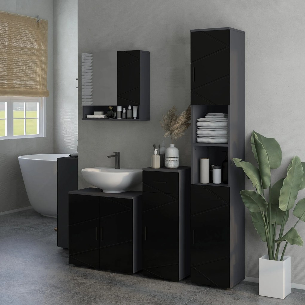 Mobile a Colonna per Bagno 30x30x183 cm in Truciolato Nero e Grigio...