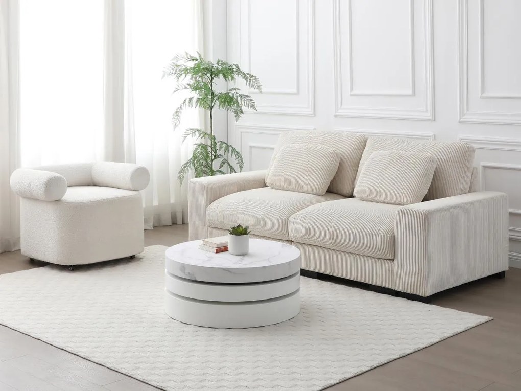 Tavolino girevole tondo con 1 nicchia in MDF Effetto marmo Bianco e Bianco laccato - JANITA