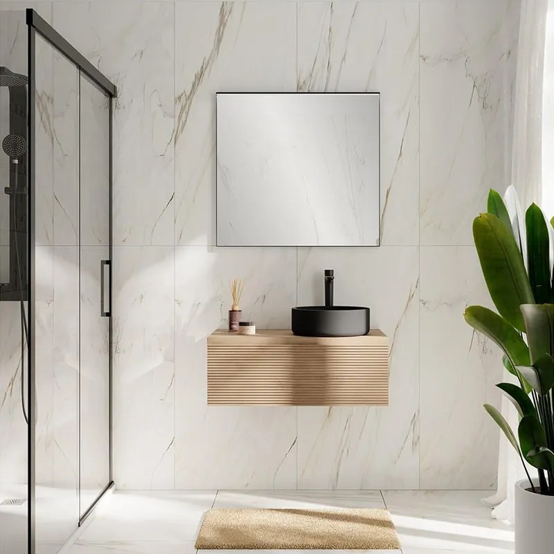Mobile da bagno sospeso Step Rigato con top lavabo L 80.3 x H 30 x P 46 cm rovere oak, 1 cassetto