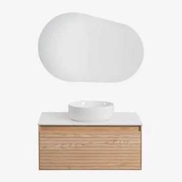 Set Di Mobili Da Bagno In Legno Di Frassino Tedrik Marrone Frassino & Ceramica Rotonda Bianca Ø40 Cm Lenka & Ovalado Led Y Antivaho (100x65 - Sklum