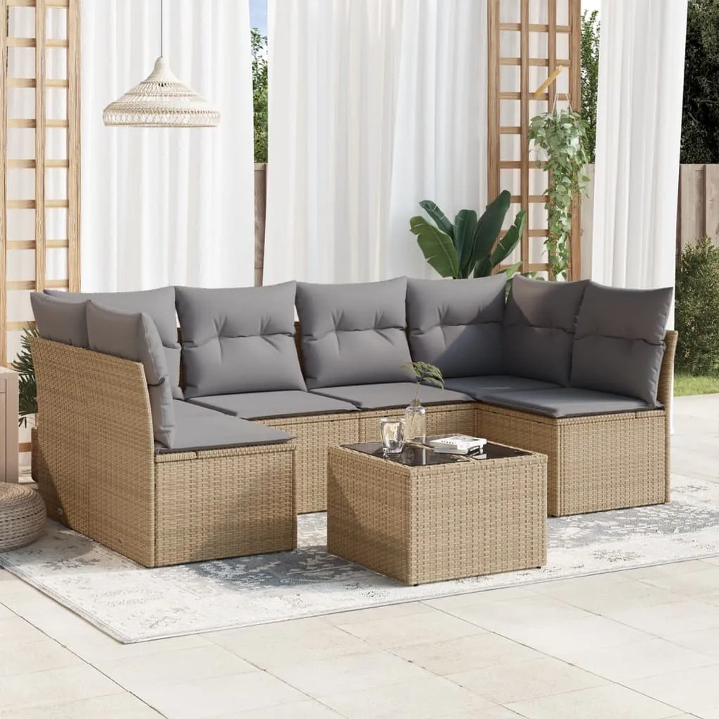 Set divani da giardino 7 pz con cuscini beige in polyrattan