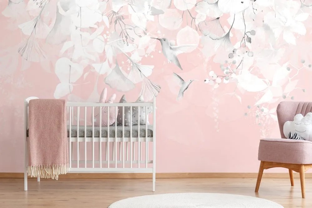 Carta da parati – Foglie con Colibrì in Rosa-Grigio