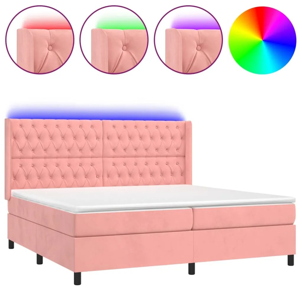 Letto a molle con materasso e led rosa 200x200 cm in velluto