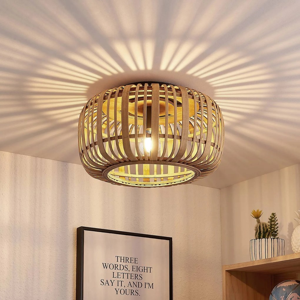 Plafoniera soffitto Canyana Lindby, dimmerabile, Legno chiaro, Soggiorno / Sala da pranzo, Legno, Campagna / Rustiche, Plafoniera