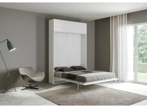 Letto a scomparsa a una piazza e mezza 120 cm con pensile KENTARO Bianco Frassino