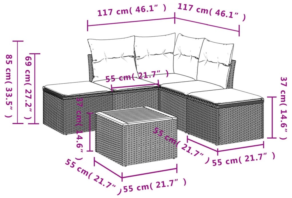 Set Divano da Giardino 6 pz con Cuscini Grigio in Polyrattan