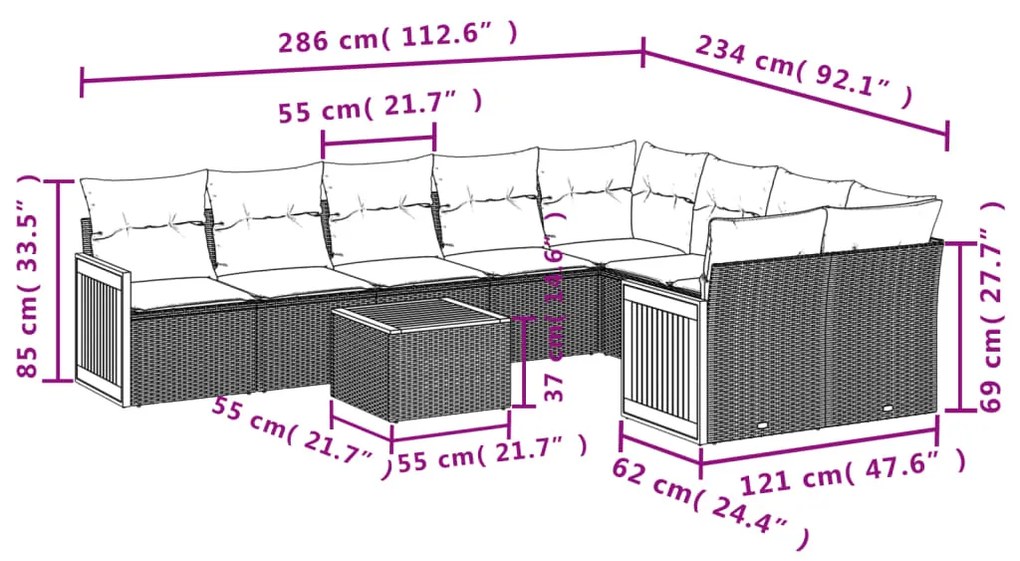 Set divano da giardino 10 pz con cuscini grigio in polyrattan