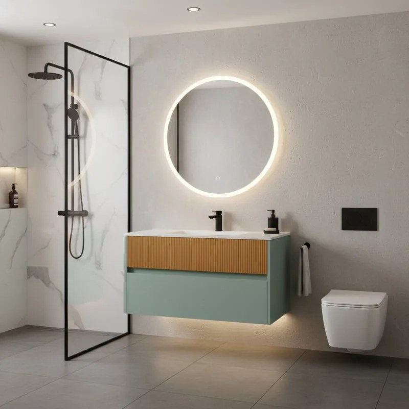 Mobile da bagno sospeso sotto lavabo Niwa 2 cassetti L 89.5 x H 50 x P 45.5 cm verde e senape cannettato