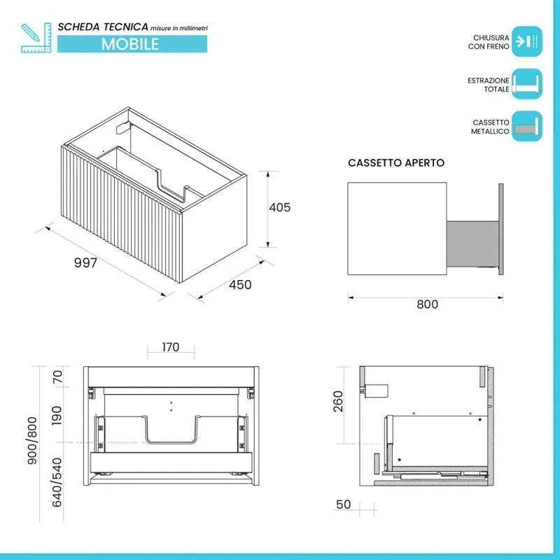 Mobile bagno sospeso 100 cm cappuccino cannettato con cassetto, specchio e lavabo Nara