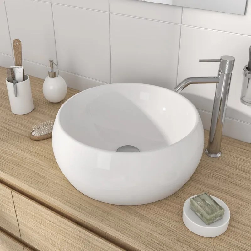 Lavabo da appoggio tondo in ceramica bianco lucido