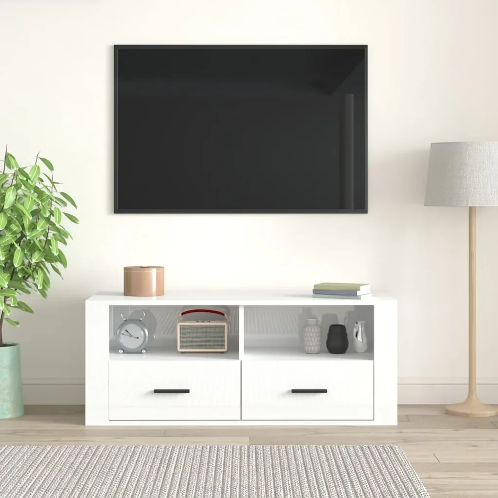 Mobile porta tv bianco lucido 100x35x40 cm in legno multistrato