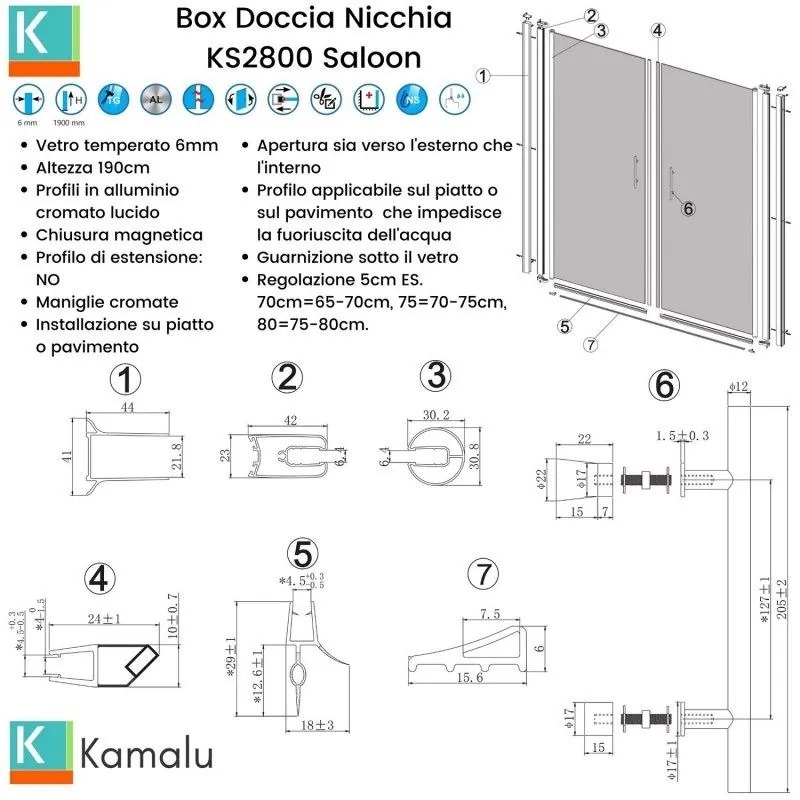Kamalu - box doccia nicchia 95-100cm doppio battente ks2800 saloon