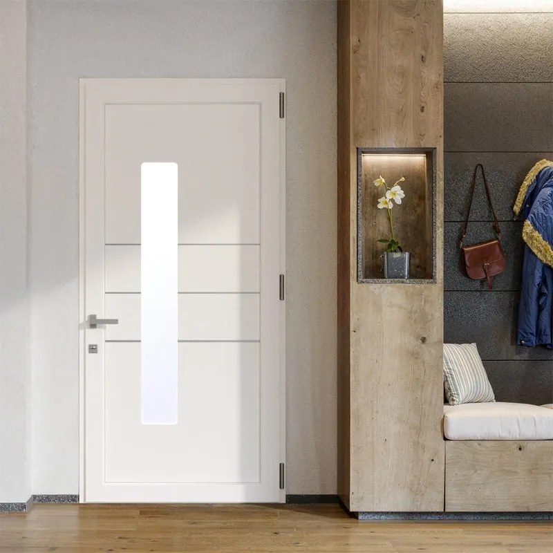 Portoncino d'ingresso DOLCETTI in PVC pannello bugnato mod.197 con vetro L 80 x H 210 cm in PVC bianco, apertura spingere a destra, falso telaio non incluso
