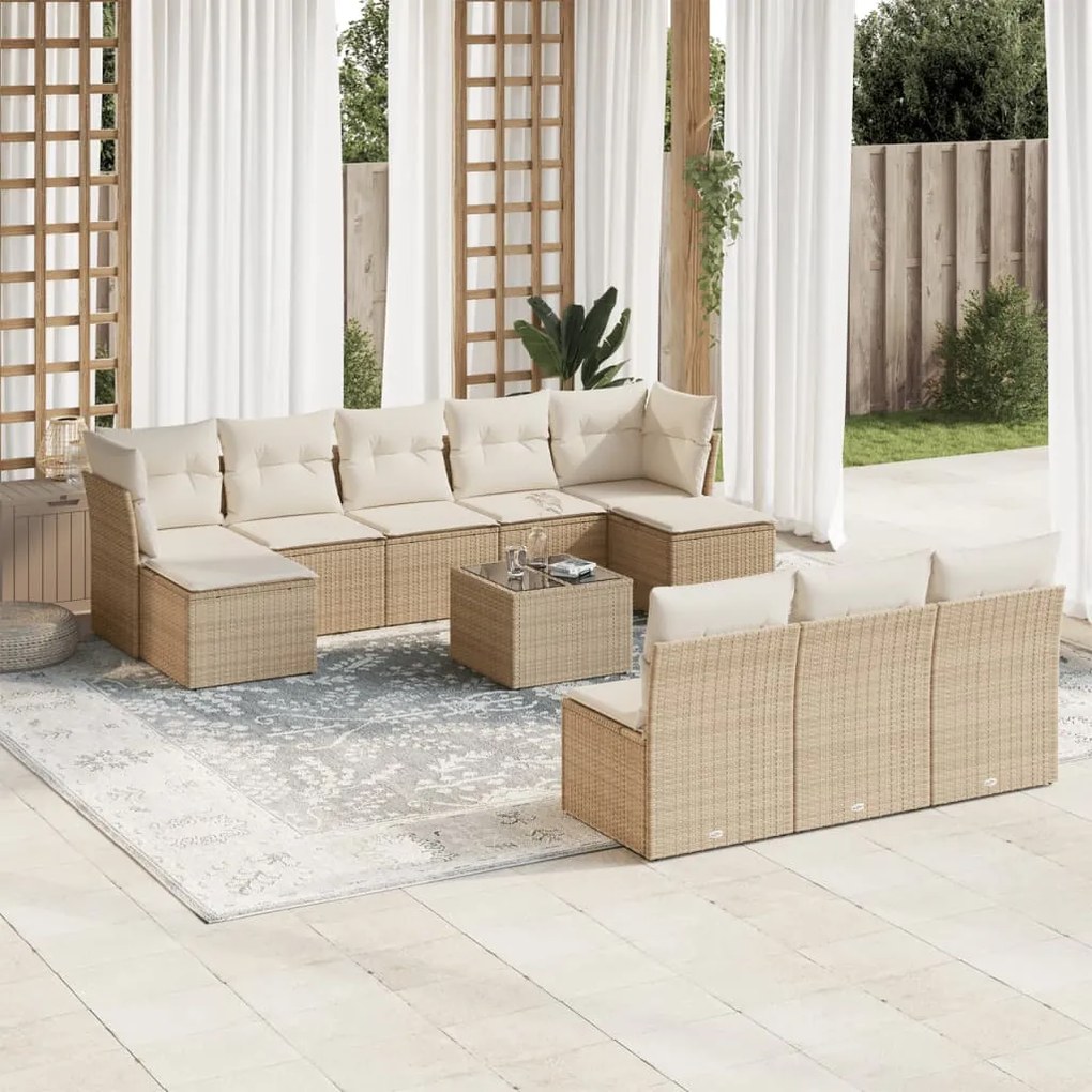 Set divani da giardino 11 pz con cuscini beige in polyrattan