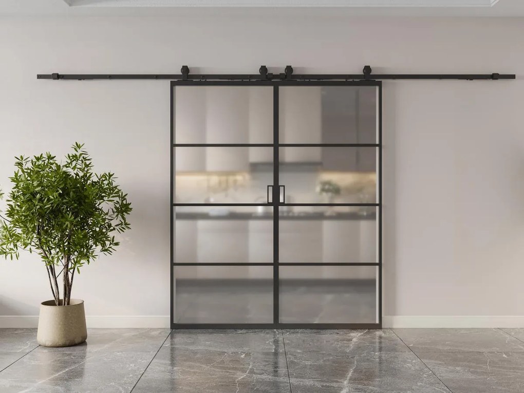 Porta scorrevole doppia con sistema esterno muro alluminio e vetro temp. smerigliato 2xH205xL63cm - SINCA II