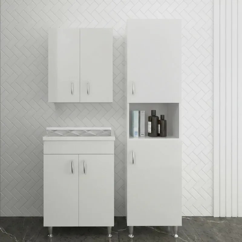 Set da 60 cm con lavatoio colonna e pensile in legno nobilitato bianco Fedra