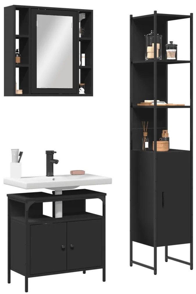 Set Di Mobili Da Bagno 3 Pz Nero İn Legno Multistrato /