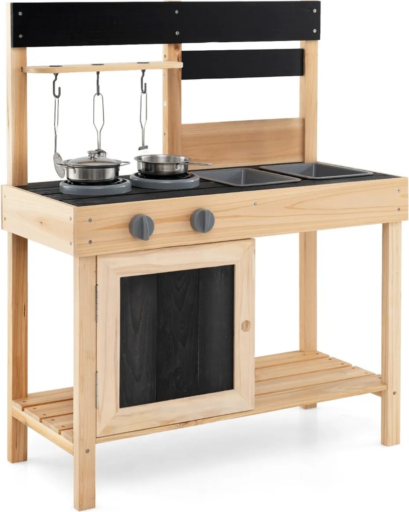 Costway Cucina da esterno per bambini con 2 lavandini removibili rubinetto, Set da cucina per bambini da cucina con spazio Naturale