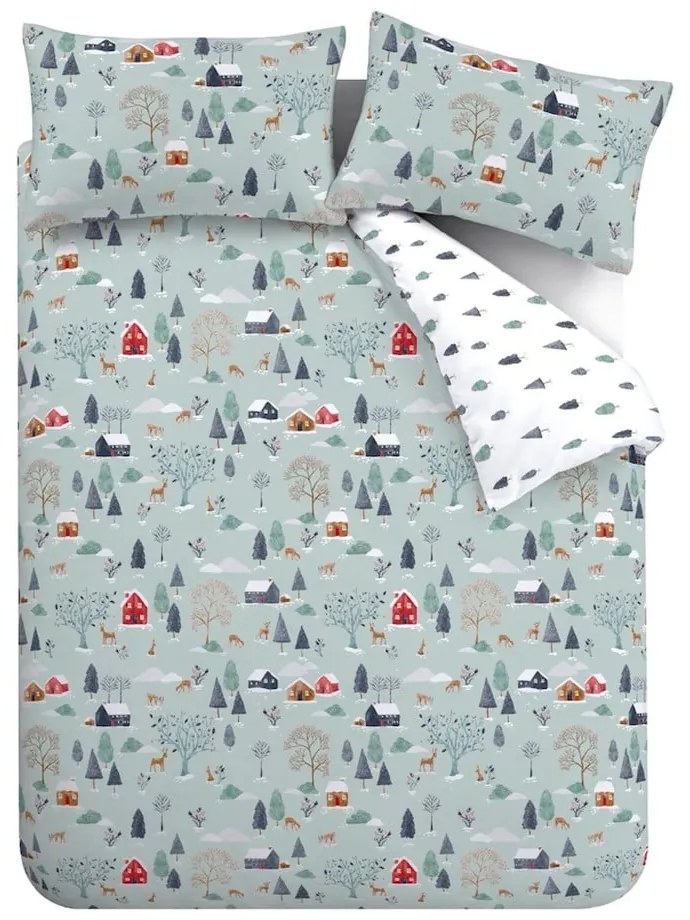 Set copripiumino e federa blu polveroso in flanella per letto matrimoniale e per letto esteso 230x220 cm Winter Scene – Bianca