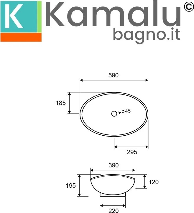 Lavabo da appoggio design a bacinella in ceramica bianca 59cm | Litos-359B - KAMALU