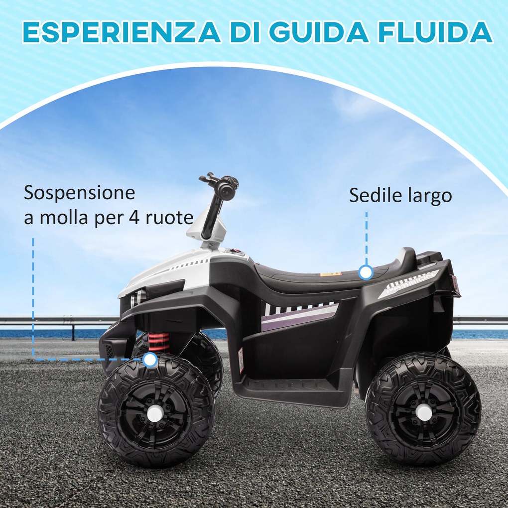 Quad Elettrico per Bambini 12V con 2 Motori Sospensioni Fari LED MP3 Bianco...