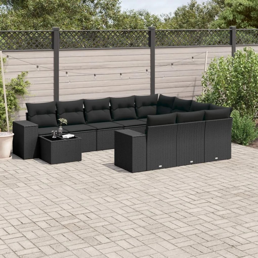 Set divani da giardino 11 pz con cuscini in polyrattan nero