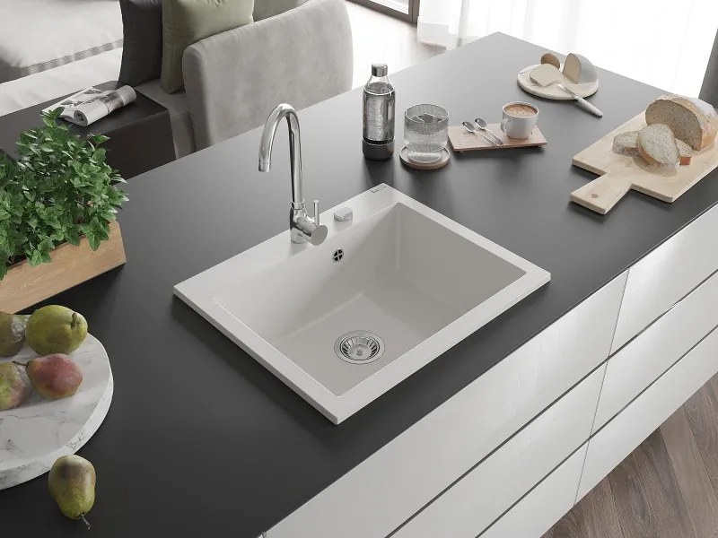 Mexen Elix lavello in granito 1-vasca 600 x 500 mm, bianco, sifone cromato - 6525601005-20