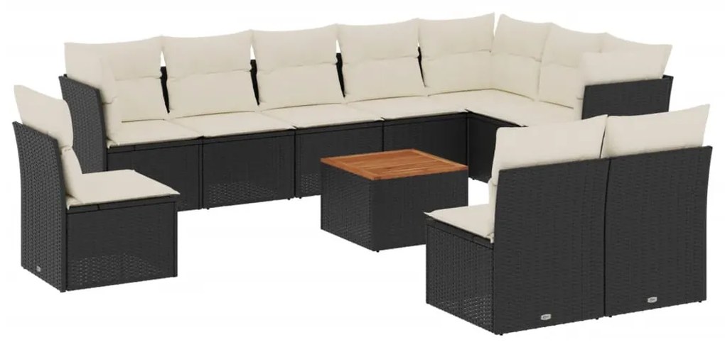 Set divani da giardino 11 pz con cuscini in polyrattan nero