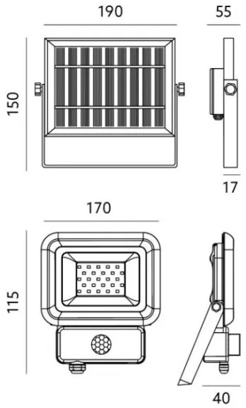 Faro solare LED esterno 10W 6500K IP65 con sensore e batteria 2200 mAh