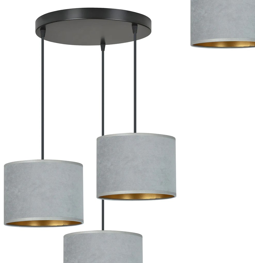 Lampadario Tondo 3 Luci Ganesha In Acciaio Nero E Paralumi In Tessuto Grigio