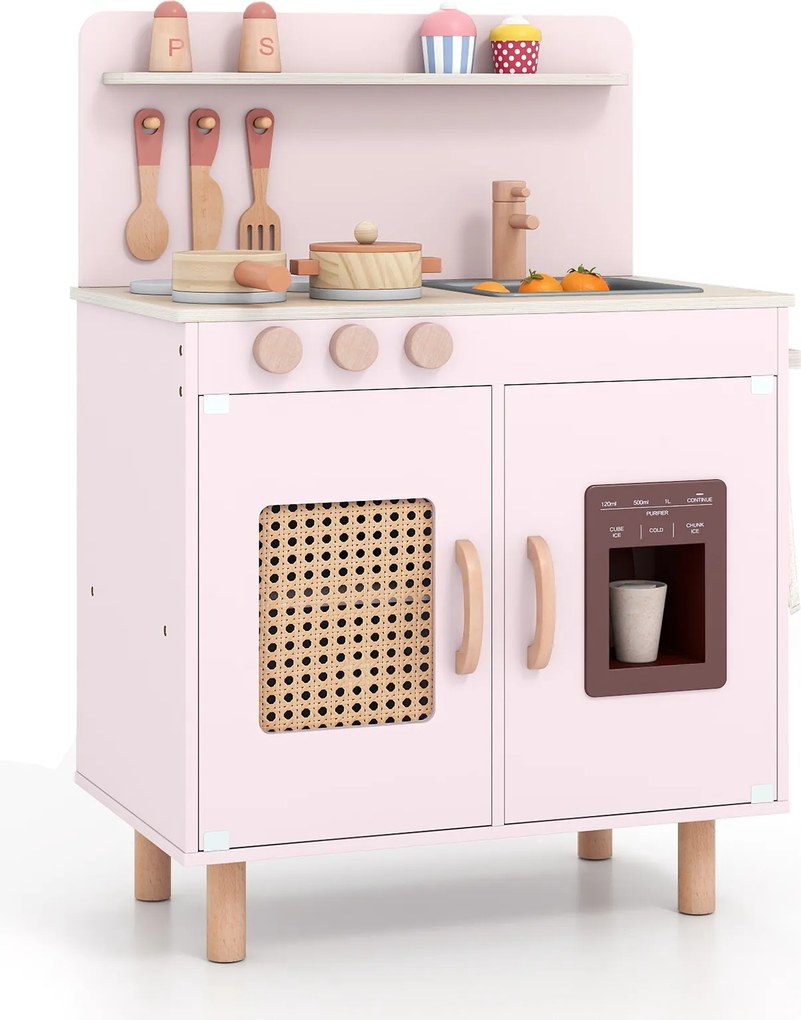 Costway Cucina giocattolo per bambini in legno con ghiacciaio e fornello realistici, Set cucinetta con lavello acqua e spazio di stoccaggio per 3+ anni 2 Colori