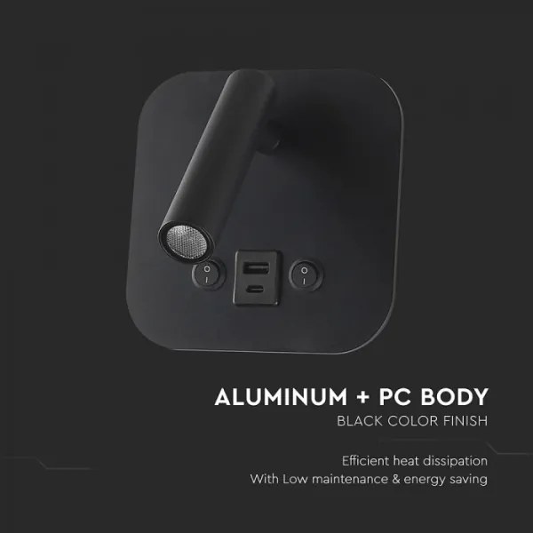 Faretto da parete LED orientabile con porta USB LED/8W/230V 3000K nero